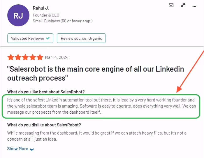 screenshot showing positive customer review for salesrobot on G2.