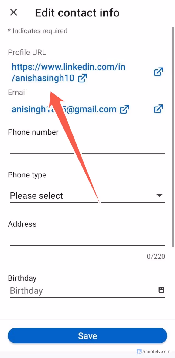 LinkedIn url edit  link option 