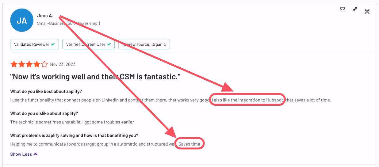 User review for Zaplify about its HubSpot integration and intuitiveness