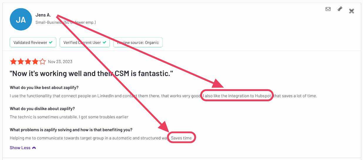 User review for Zaplify about its HubSpot integration and intuitiveness