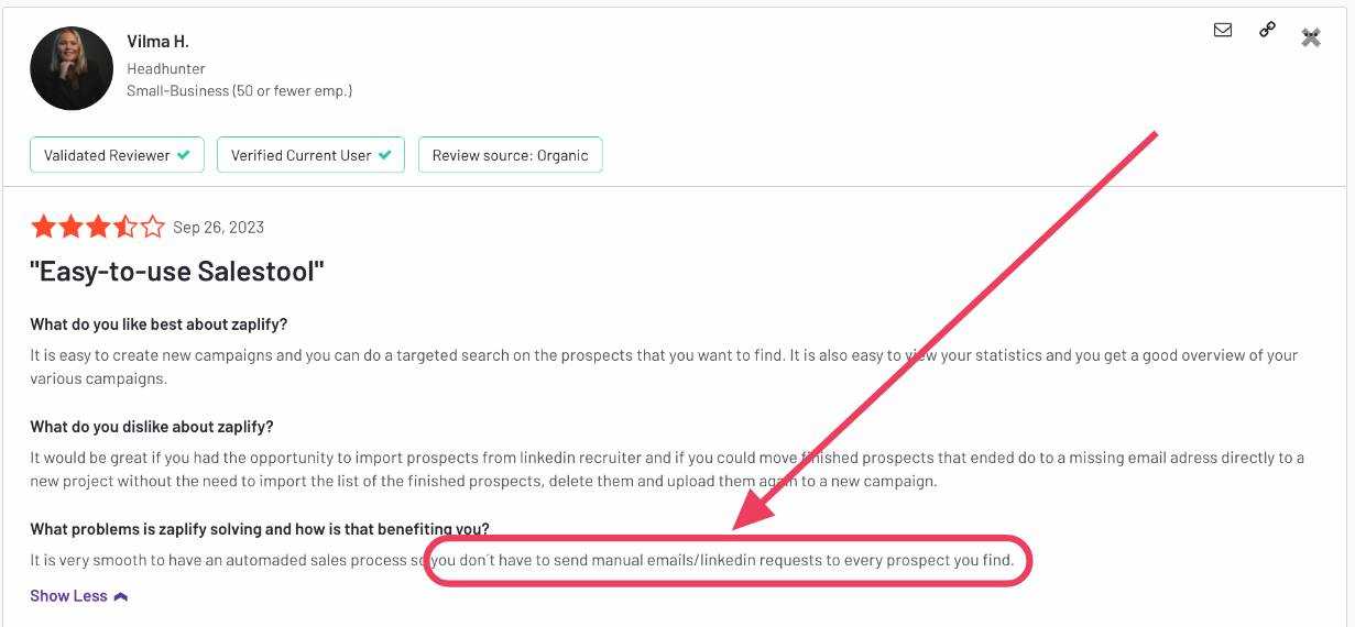 User review for Zaplify's automated email sequences