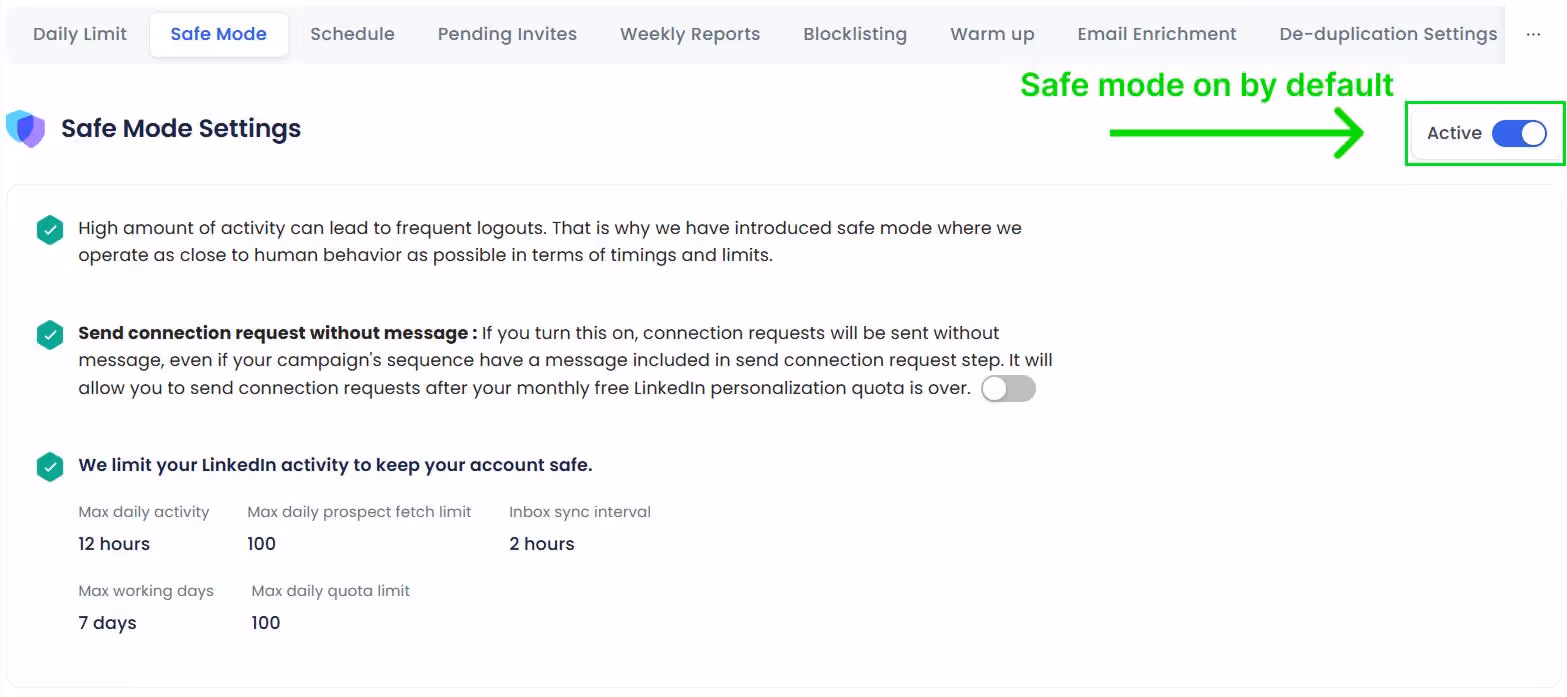 SalesRobot Safe Mode settings.