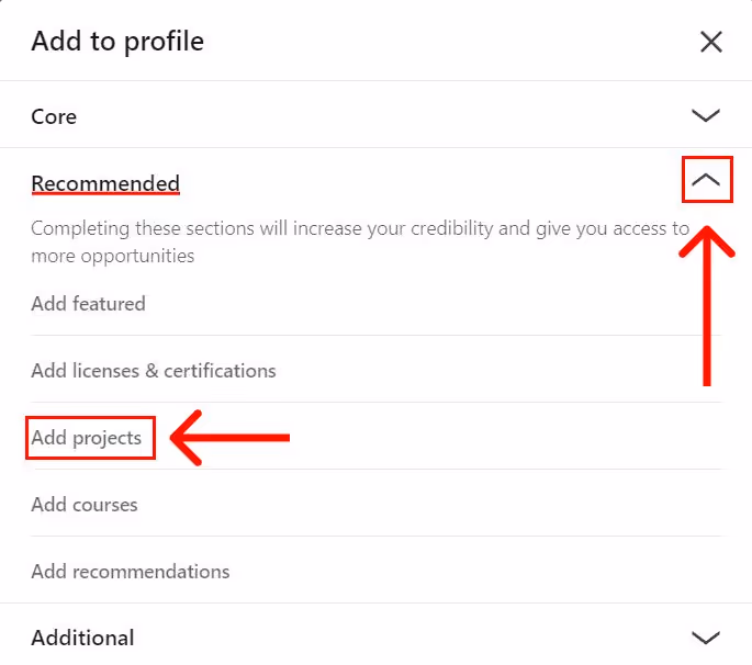 linkedin add projects option