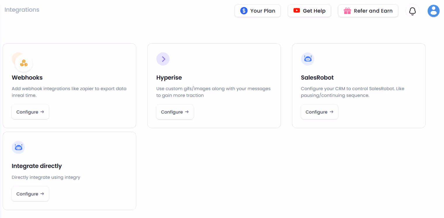 Integrations page with Webhooks, Hyperise, SalesRobot, and Integrate directly options.