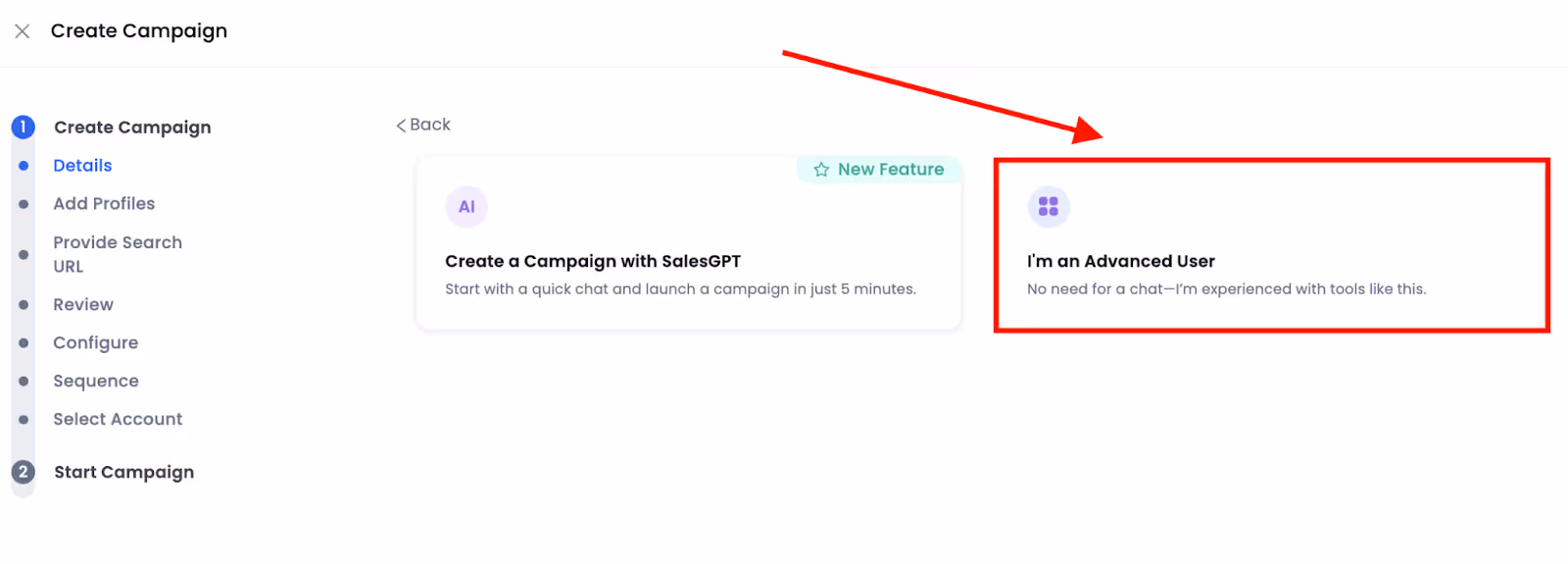 Step 2 to create new campaign on SalesRobot