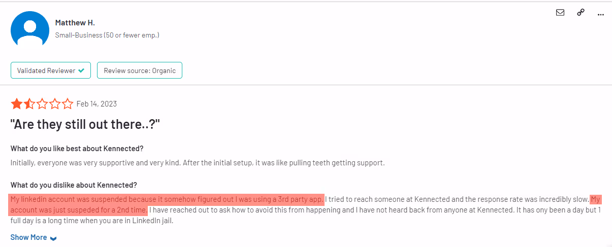 User review of Keneected on G2 saying his account got suspended.