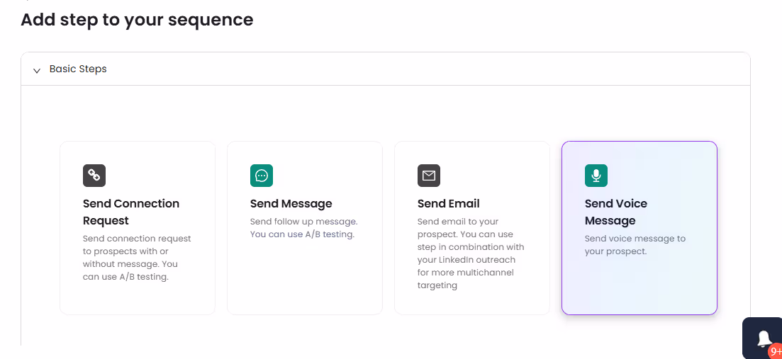 A screenshot showing steps to add to your sequence: Send Connection Request, Send Message, Send Email, Send Voice Message.