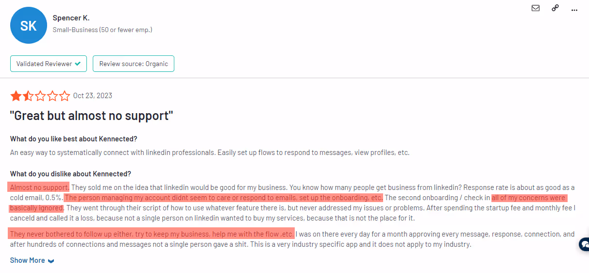 Bad customer support review of Kennected on G2.