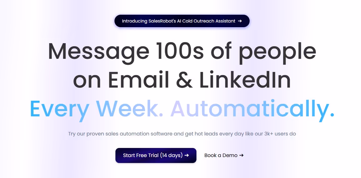 SalesRobot website promoting its automated messaging capabilities on email and LinkedIn.