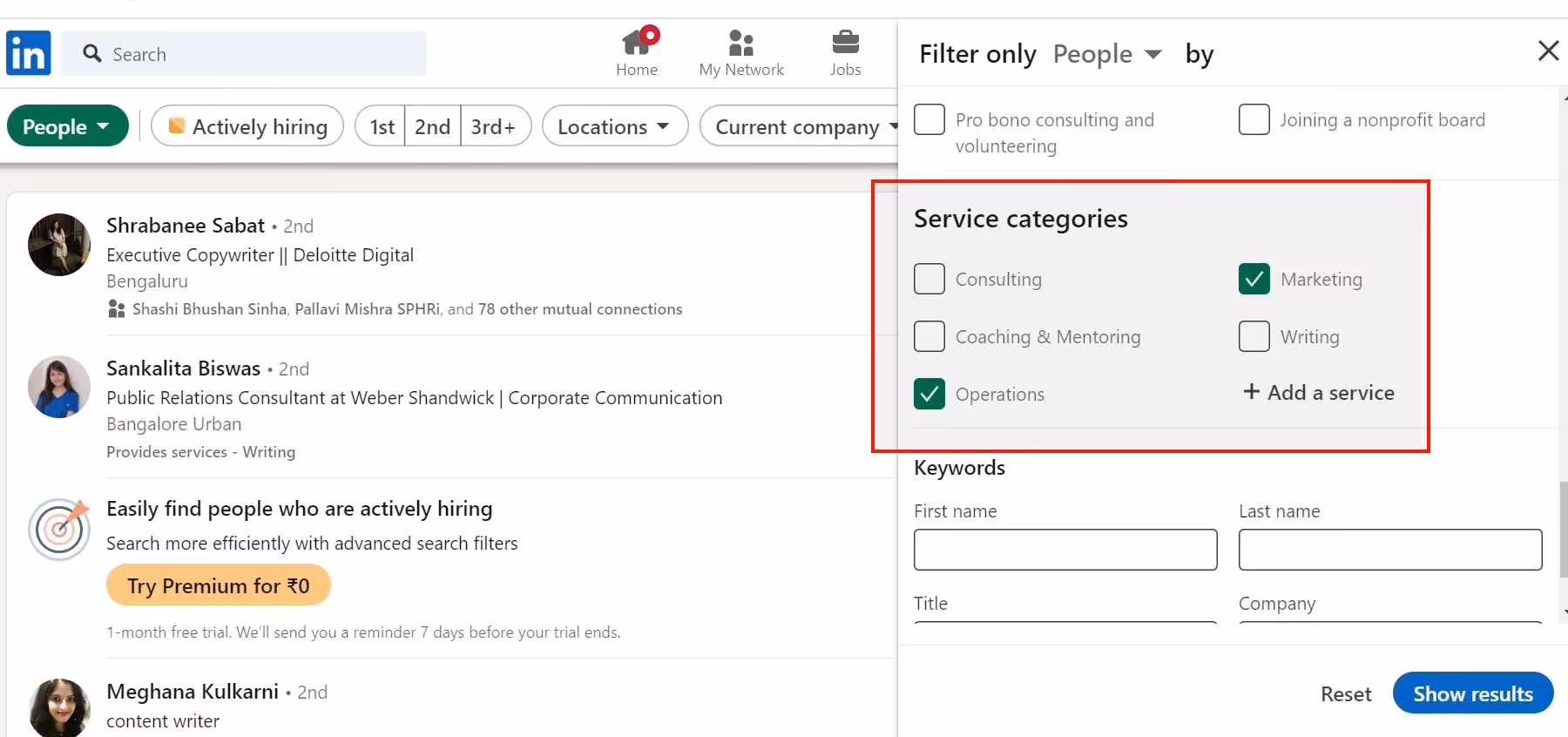 Options for choosing services on LinkedIn.