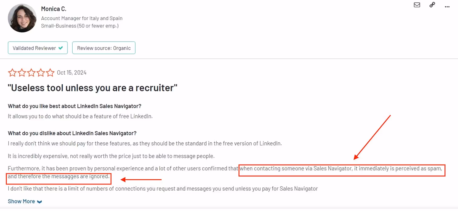 A poor review of LinkedIn Sales Navigator left by a discouraged user.