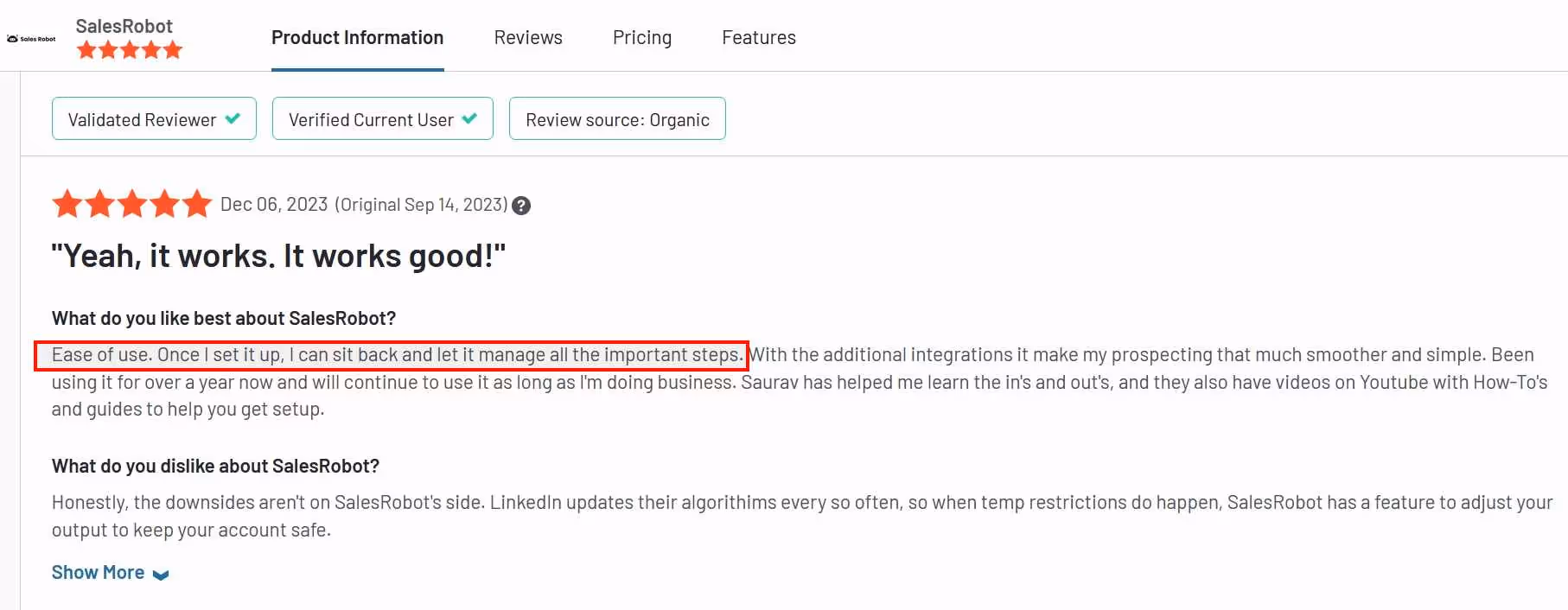 Salesrobot's good review.