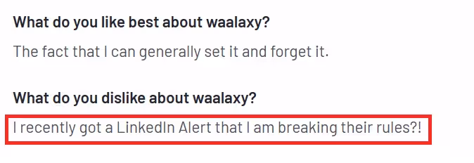 Negative user review of Waalaxy saying that they got an alert from LinkedIn after using it