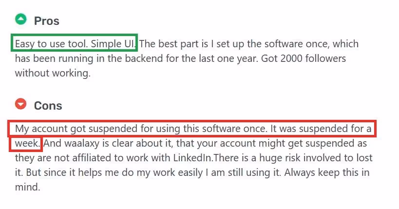 Negative user review of Waalaxy saying that the Chrome extension platform caused their account to get banned