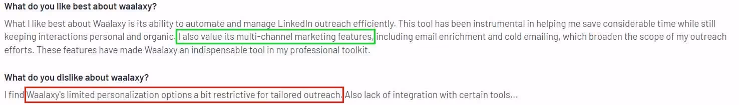 Negative user review of Waalaxy saying that the personalization options are limited.