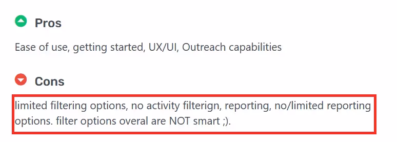 Negative user review of Waalaxy saying that the filtering options are limited