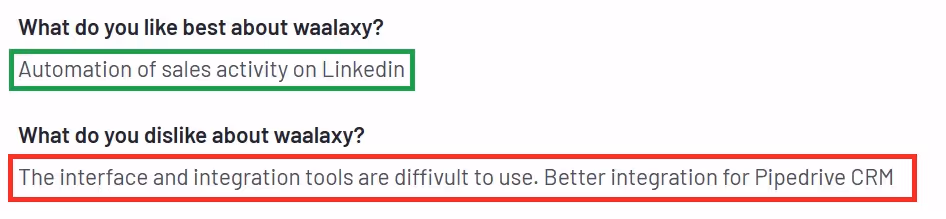 Negative user review of Waalaxy saying that the integrations are hard to use