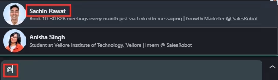 A LinkedIn interface showing the "@" symbol for mentioning someone.