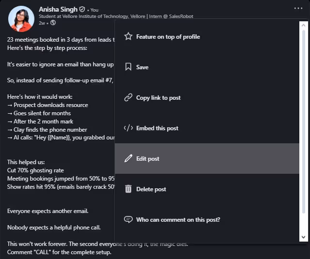 shows you 2 steps to edit a LinkedIn post.