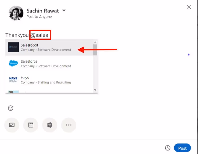 shows how easy it is to tag your ex or current organisation in a LinkedIn post. 