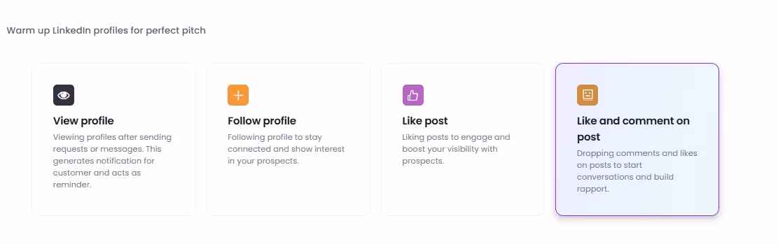 Four LinkedIn automation strategies: view profile, follow profile, like post, like and comment on post.