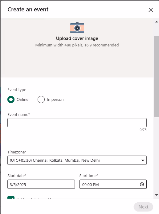 LinkedIn's 'Create an event' form.