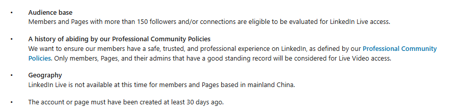 A list of requirements for LinkedIn Live access.