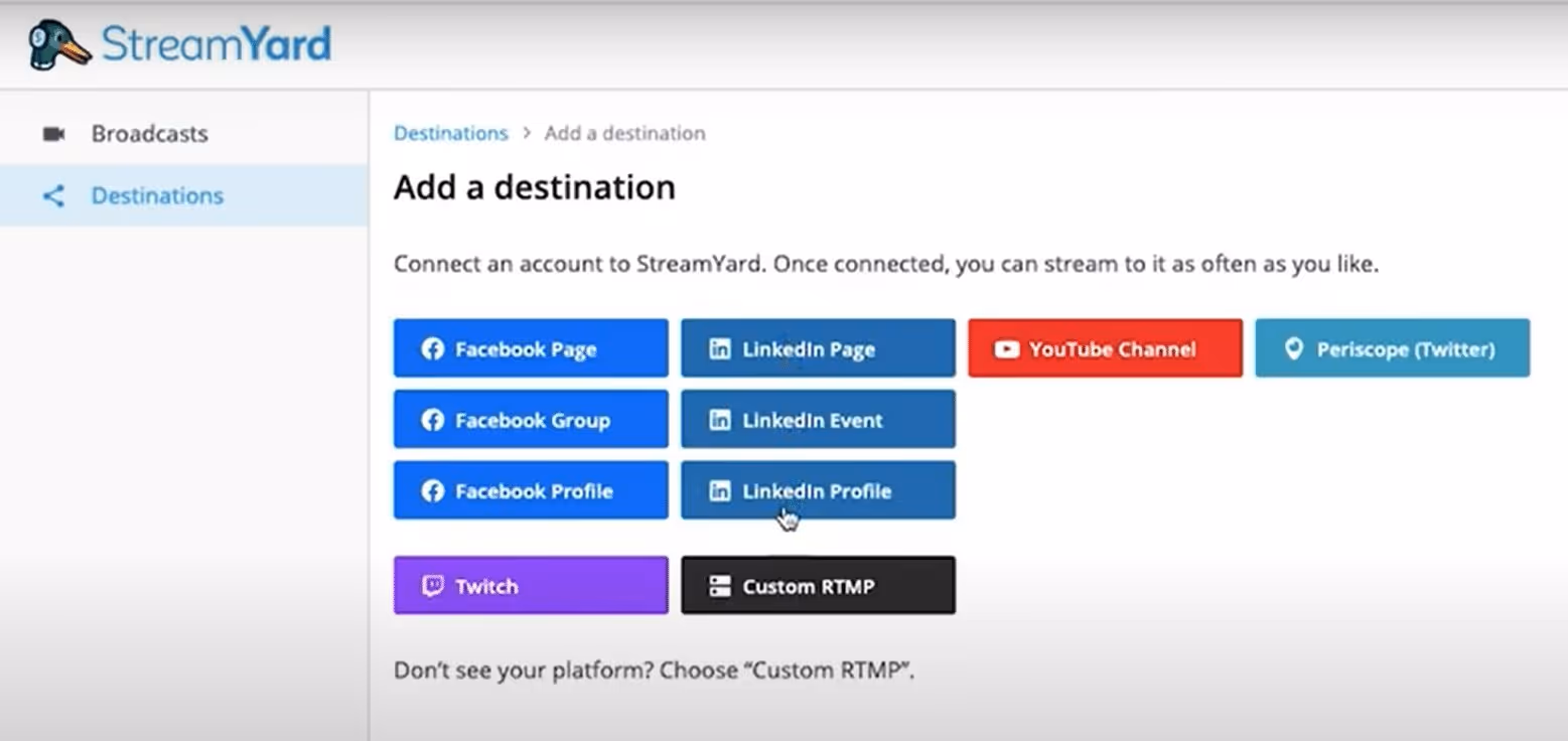 StreamYard's 'Add a destination' interface.