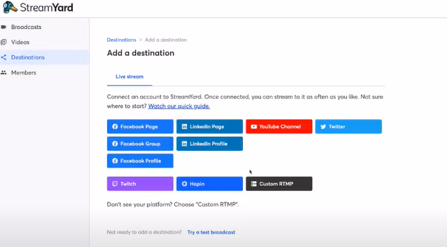StreamYard's 'Add a destination' interface showing options like Facebook, LinkedIn, YouTube, and Twitch.