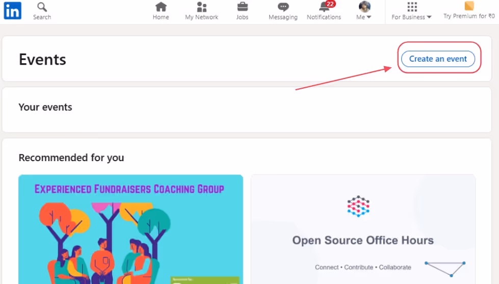 LinkedIn Events page with a 'Create an event' button highlighted.