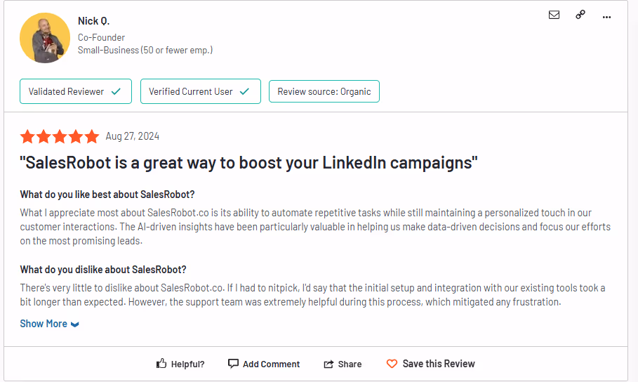 A five-star review of SalesRobot describing it as a great way to boost LinkedIn campaigns.