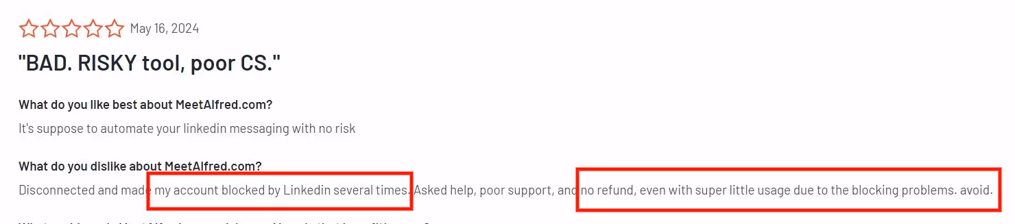A review claiming their LinkedIn account got blocked because of Meet Alfred.