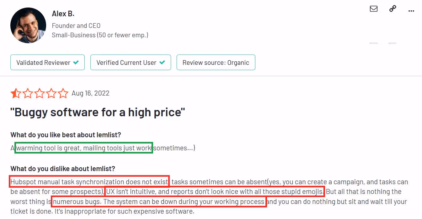 A review claiming Lemlist is buggy.