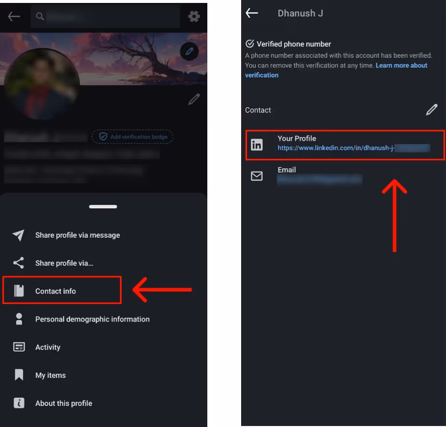 LinkedIn mobile user profile contact info