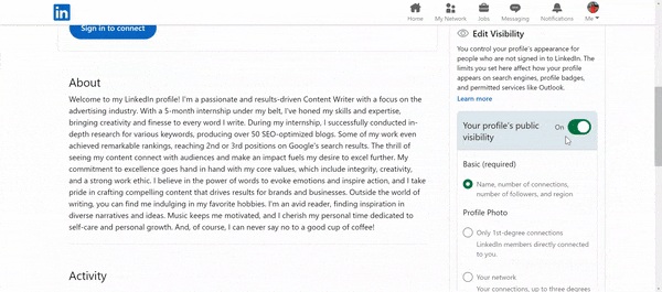Animation of how to change public profile visibility settings