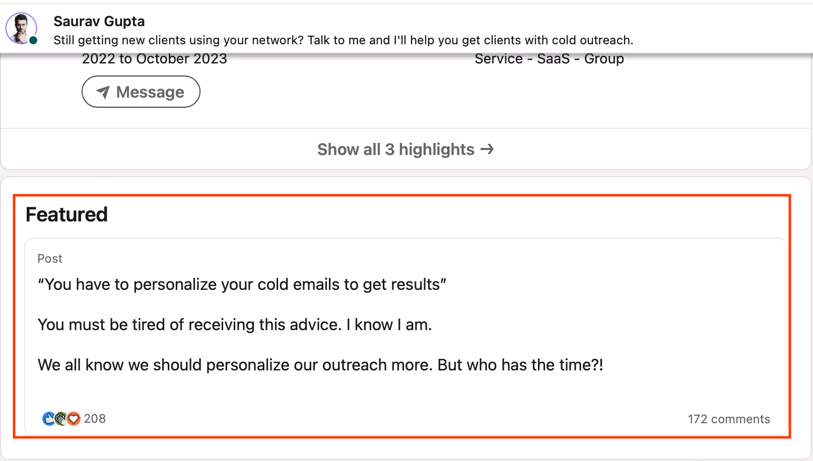 LinkedIn Profile Highlighting Featured Posts.