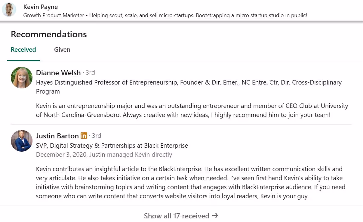 Example of LinkedIn recommendations
