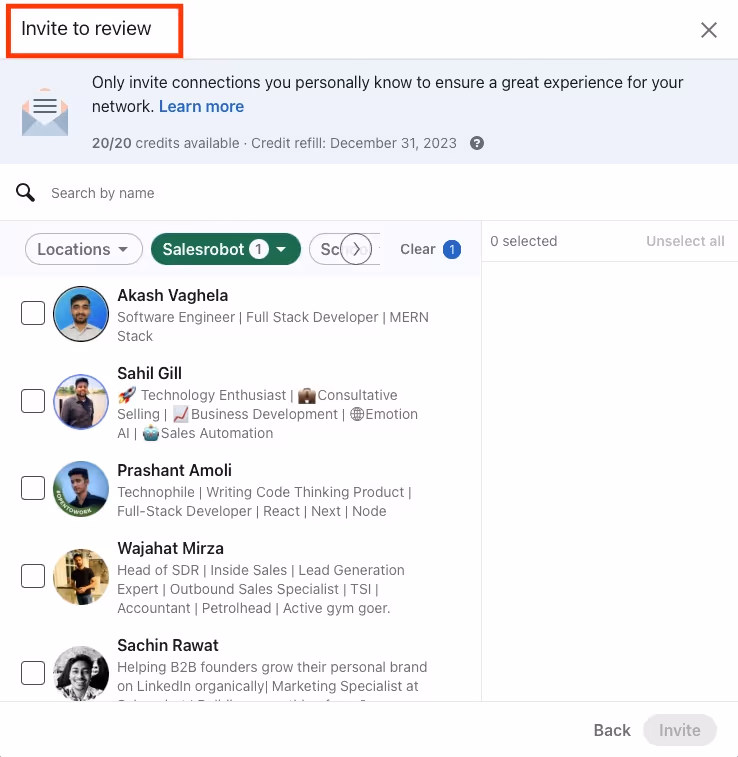 Request reviews on LinkedIn service page