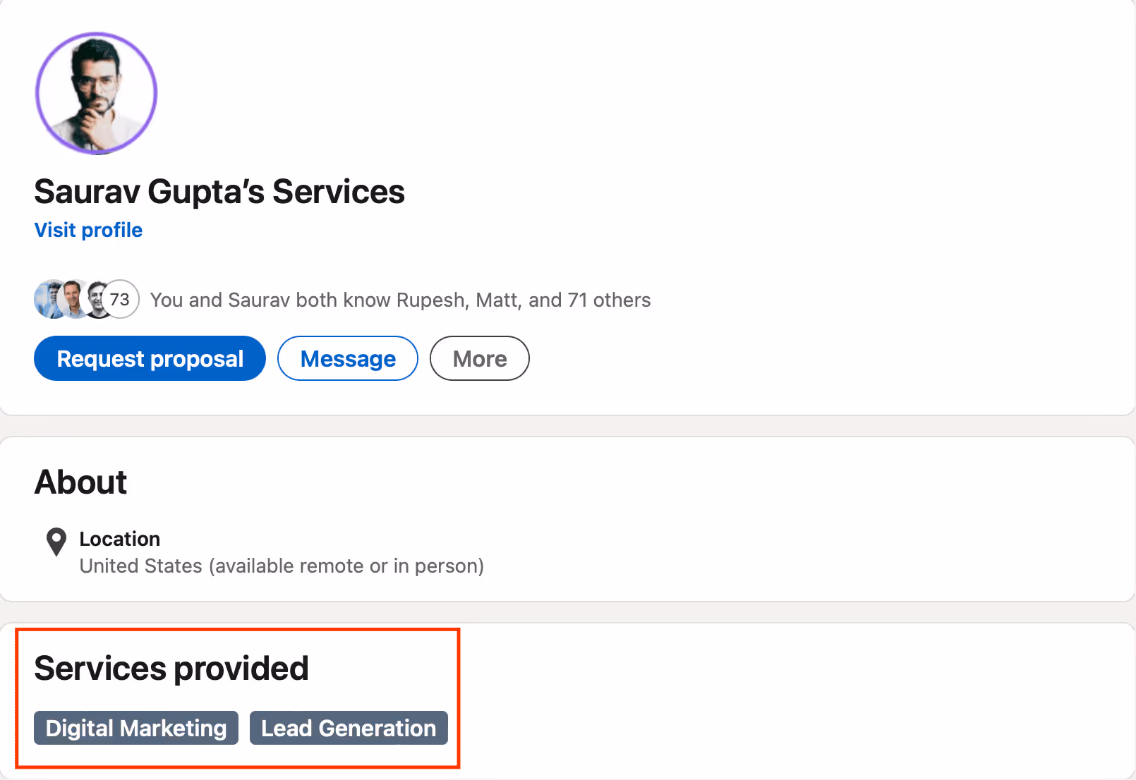 Example of LinkedIn profile offering their services.