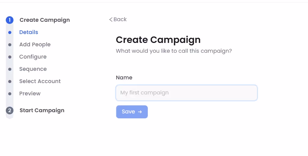 "Create Campaign" page showing a field to enter the campaign name and a "Save" button.