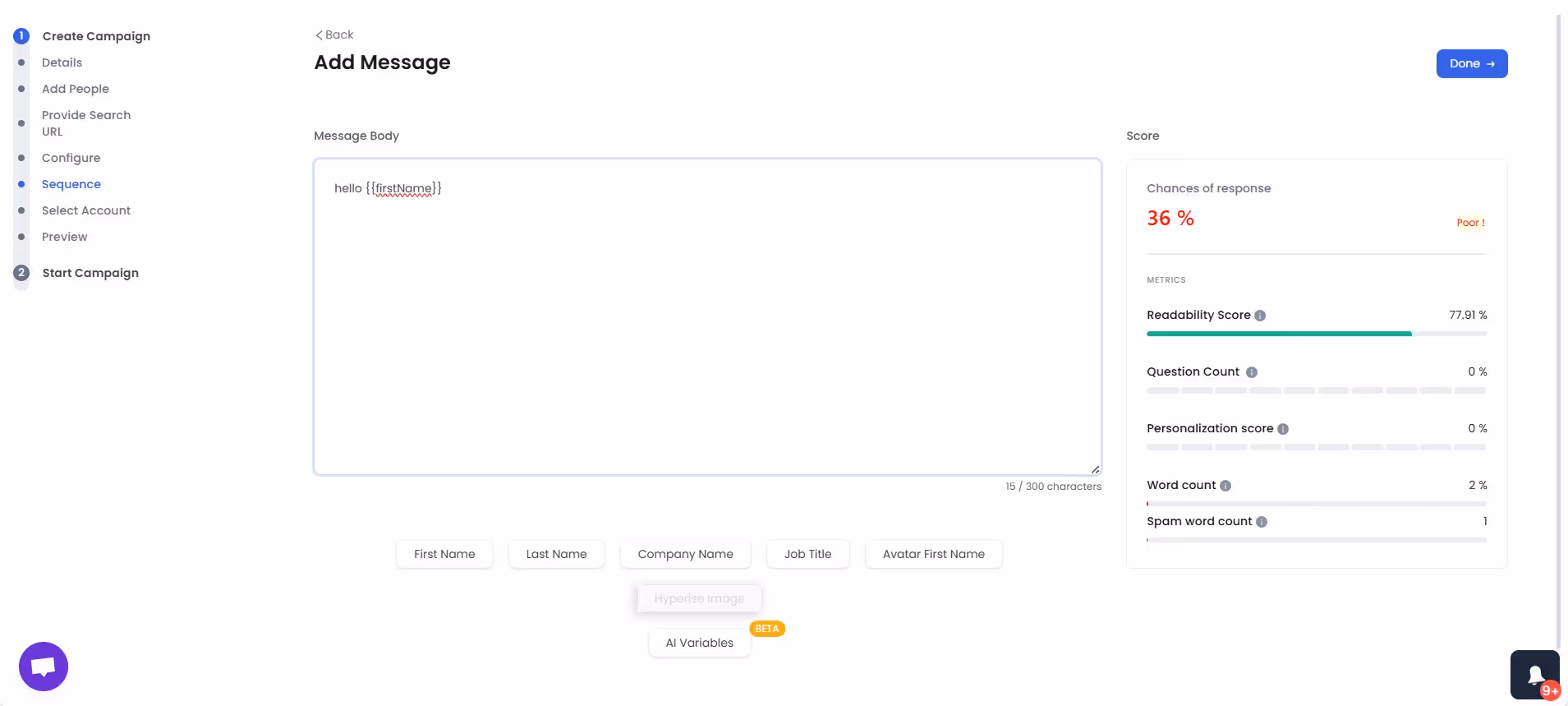 Screenshot of an 'Add Message' screen with a message body field containing 'hello {{firstName}}' and a sidebar displaying message metrics.
