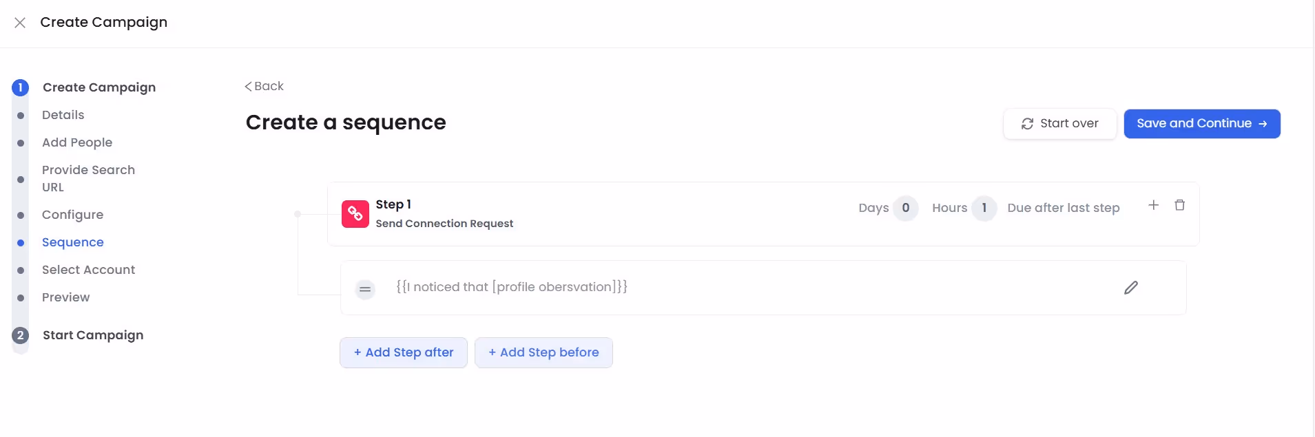 Screenshot of a 'Create a sequence' screen showing 'Step 1: Send Connection Request' with a placeholder variable and options to add steps.