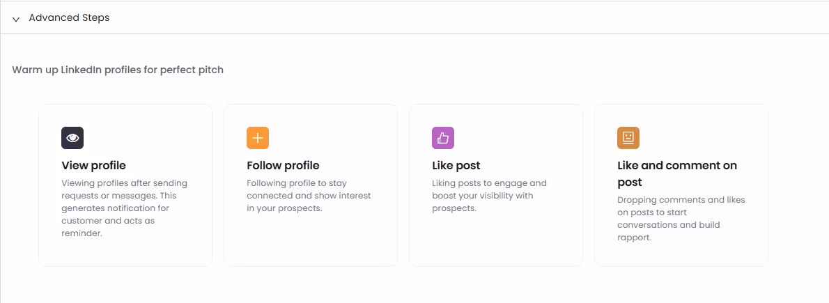 Screenshot showing advanced steps for warming up LinkedIn profiles, including View profile, Follow profile, Like post, and Like and comment on post.