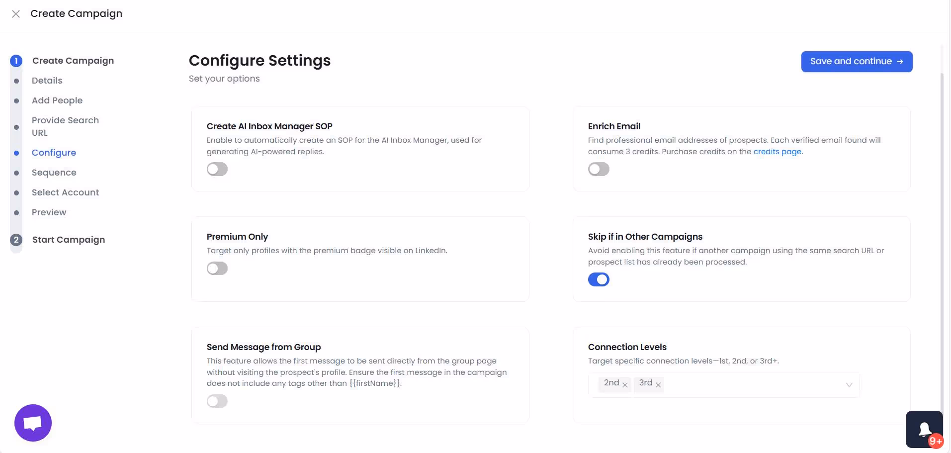 "Configure Settings" page with various campaign options and toggles like "Create AI Inbox Manager SOP" and "Enrich Email."