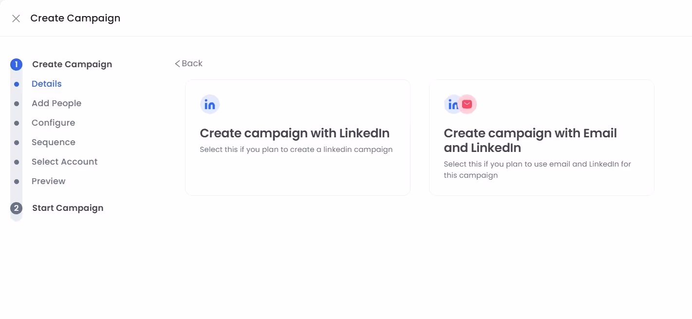 "Create Campaign" page with options for LinkedIn-only or Email and LinkedIn campaigns.
