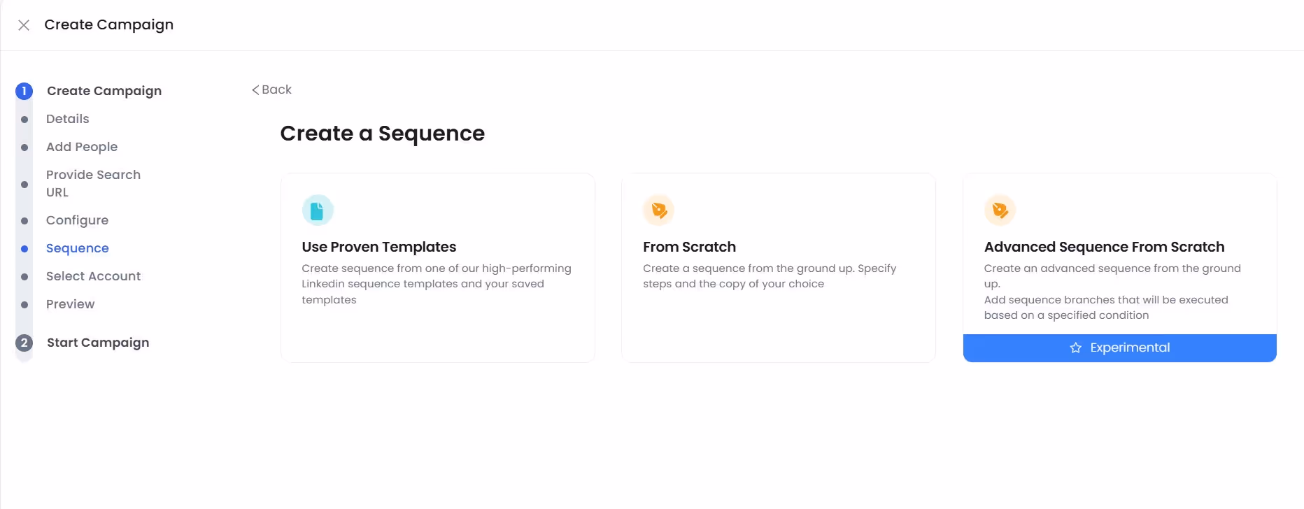 "Create a Sequence" page offering options for proven templates, creating from scratch, or advanced sequence from scratch.
