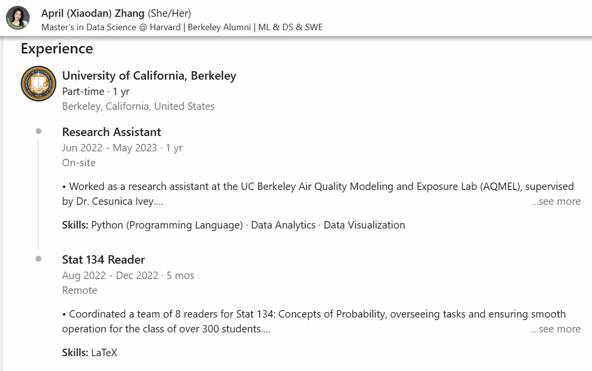 Highlighting experience on LinkedIn profile as a college student.