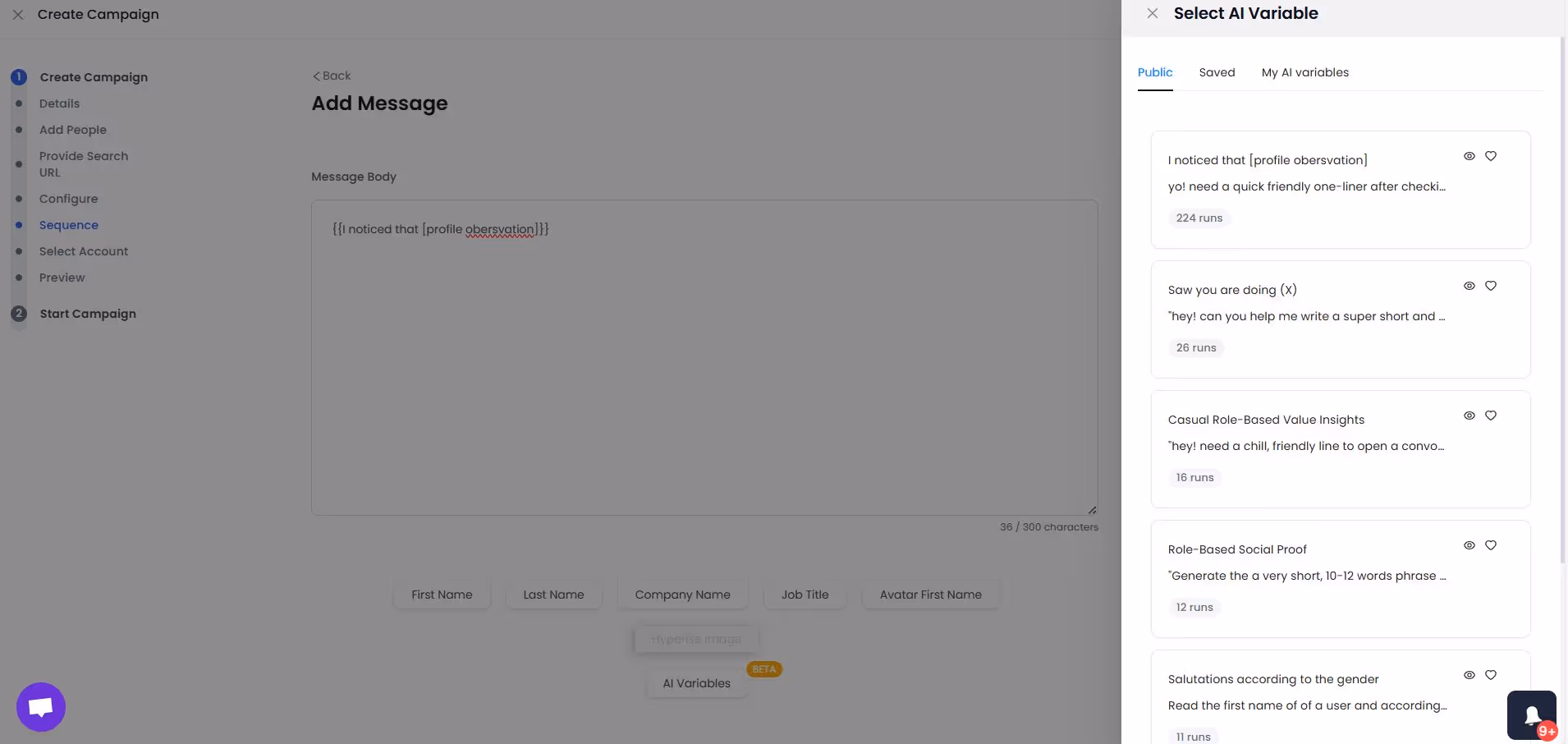 Screenshot of an 'Add Message' screen with a 'Select AI Variable' sidebar open, showing a list of AI-generated message templates.