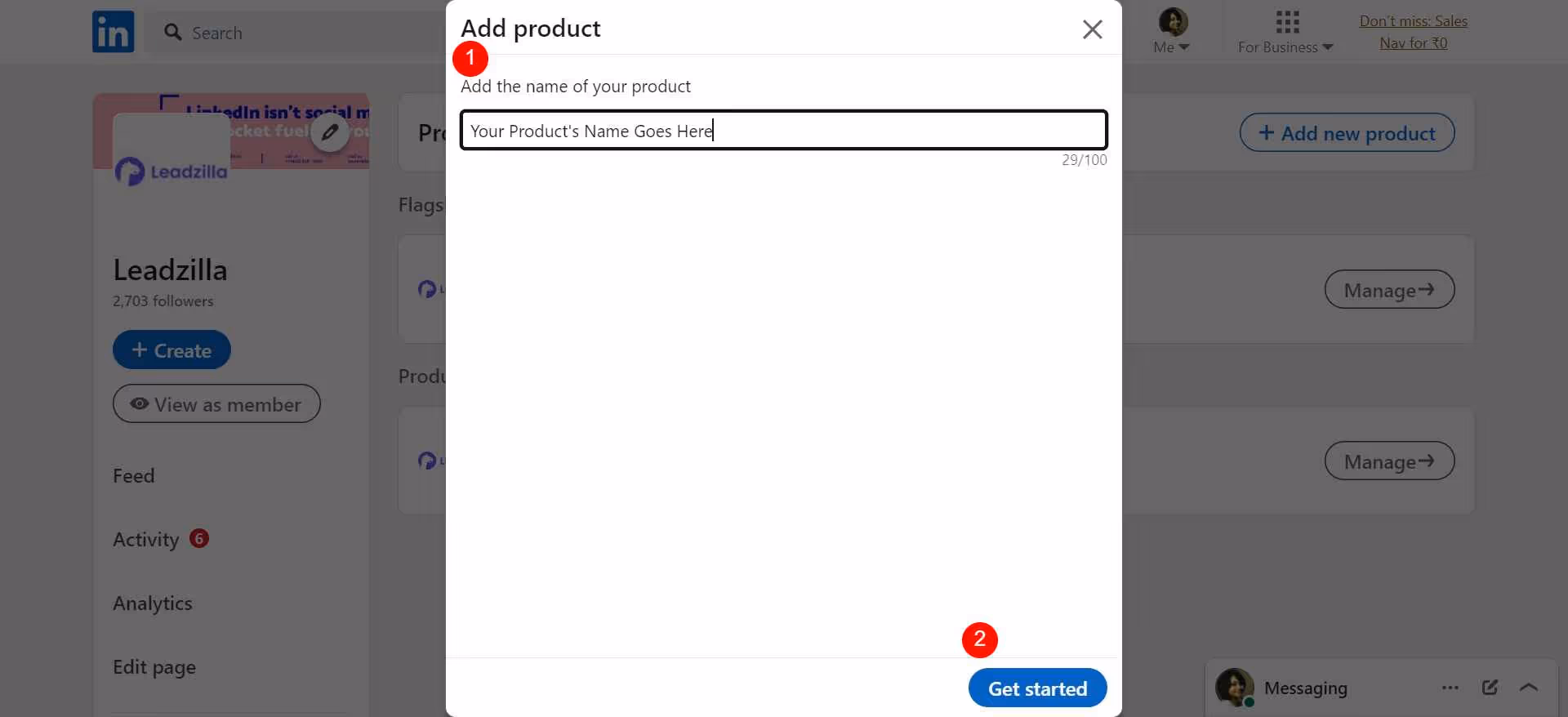 Text box to add product name and get started.