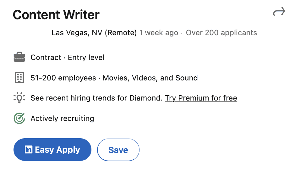 LinkedIn Easy Apply on a job application.